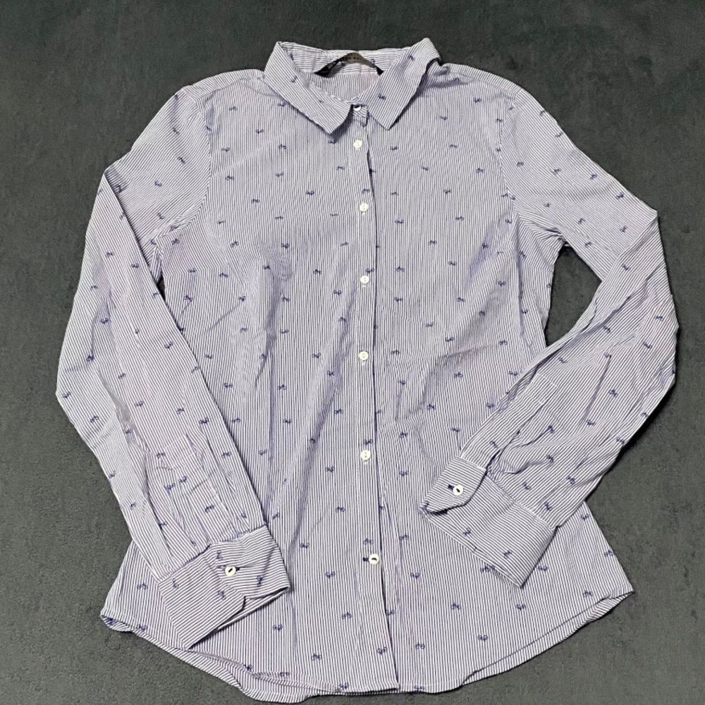 Zara Basic Collection Blue Stripe Bicycle Long Sleeve Button Up Shirt Womens M - Picture 1 of 5